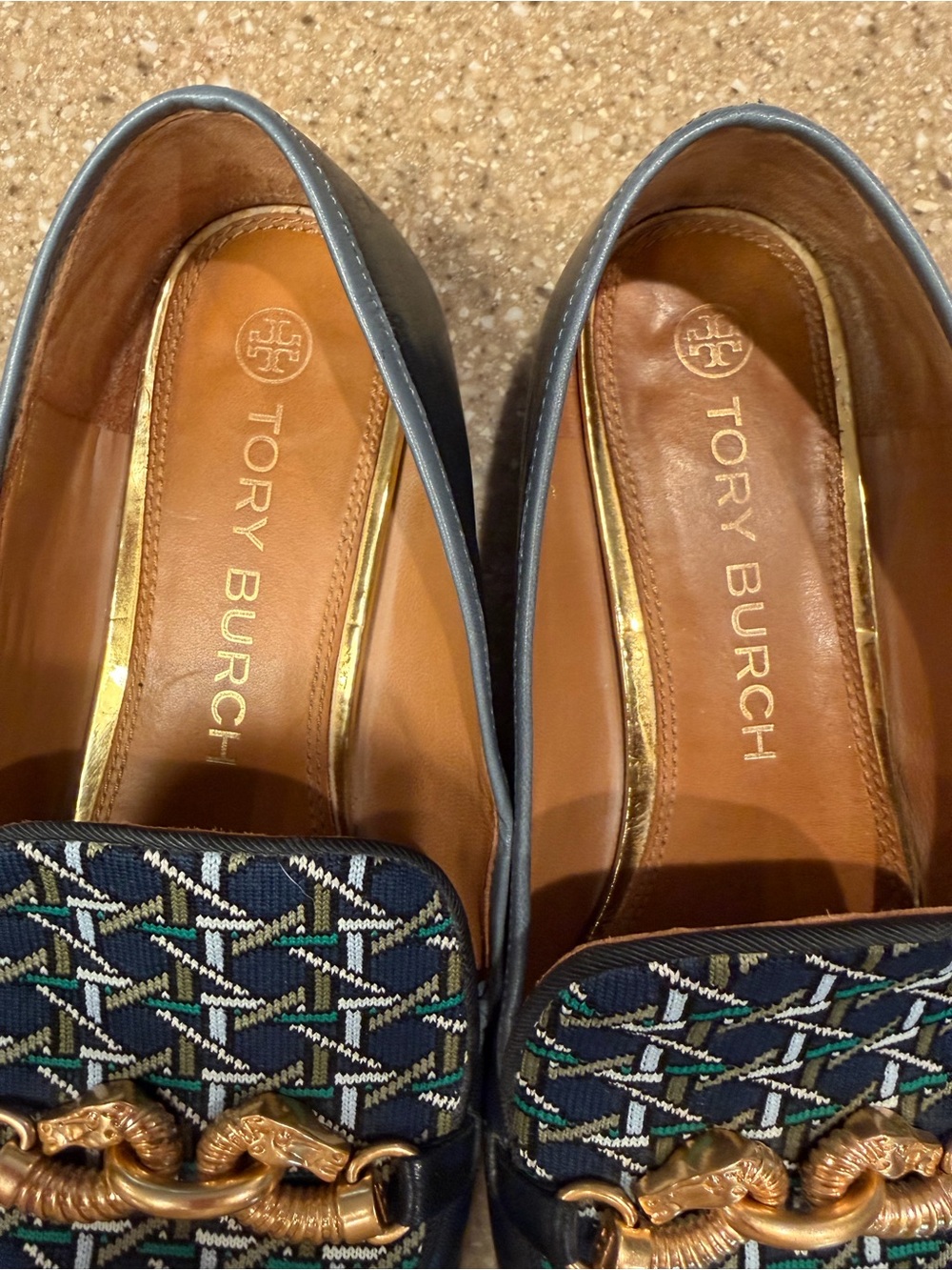 Tory Burch Navy Patterned Leather Slip-On Loafers with Gold Horsebit - Picture 4 of 10